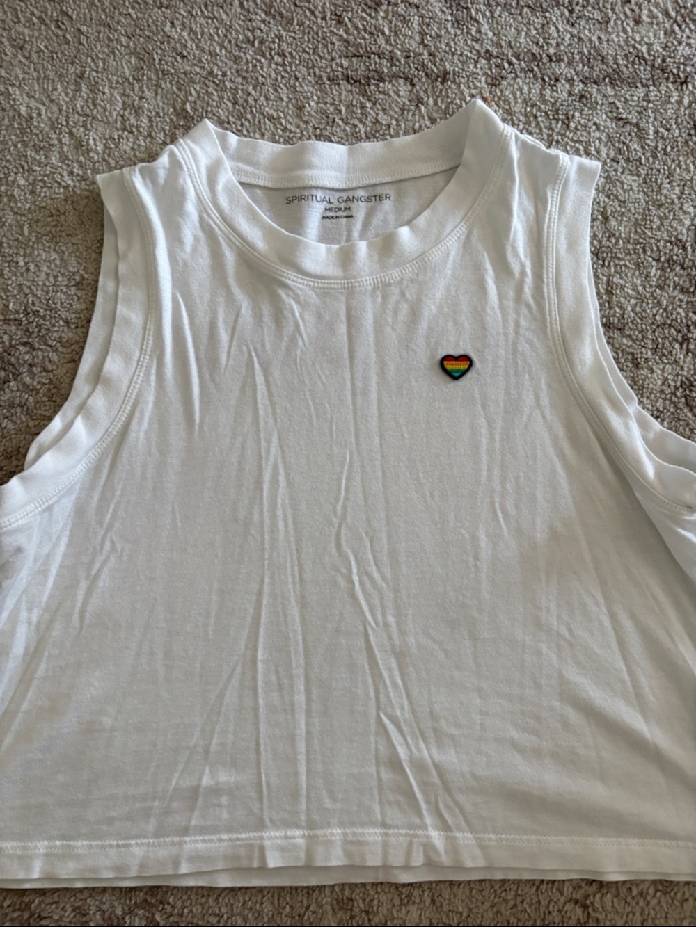 Spiritual Gangster White Cropped Tank with Rainbow Heart Patch - Picture 2 of 3